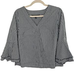 White House Black Market Blouse Gingham Blouse Bell Sleeve Blouse 6 Black White
